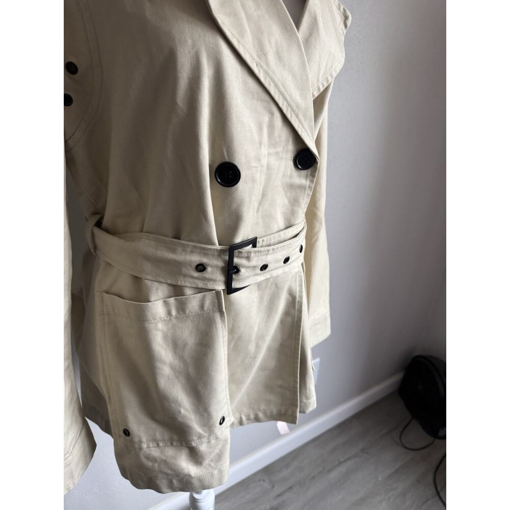 NWT Avec Les Filles Light Canvas Double Breasted Belted Trench Coat Womens M - Picture 2 of 7